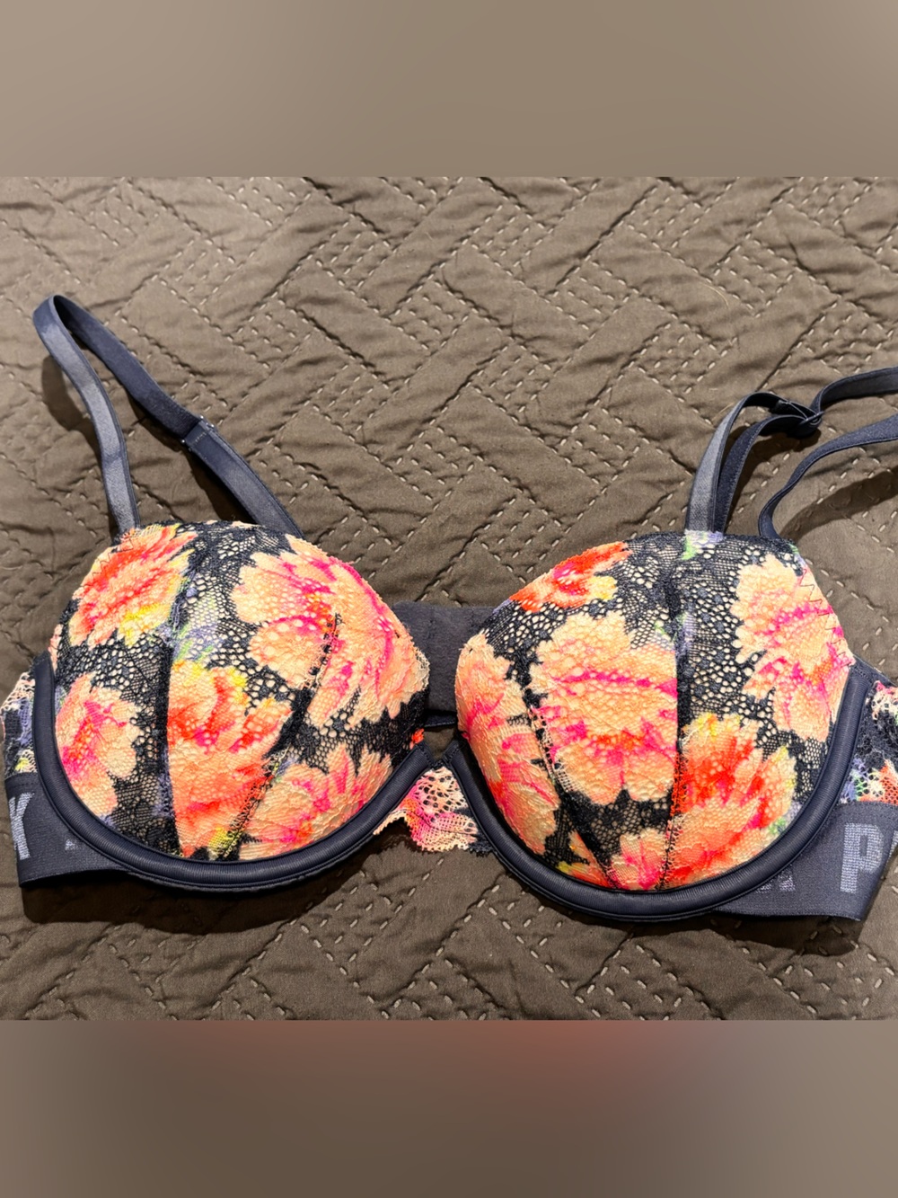 PINK Victoria's Secret Date Push Up Navy Bra with Pink and Coral Floral Lace